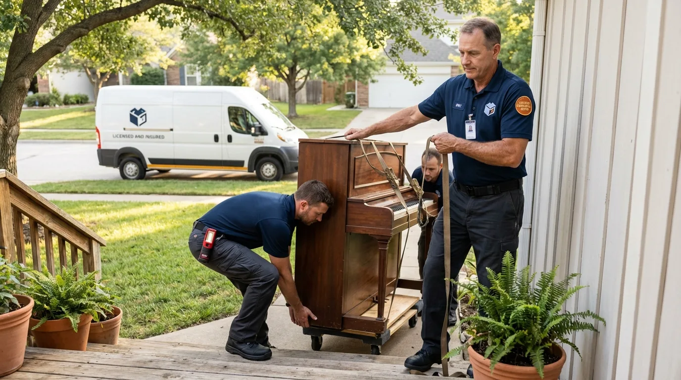Licensed piano movers securing grand piano in Tolland, CT