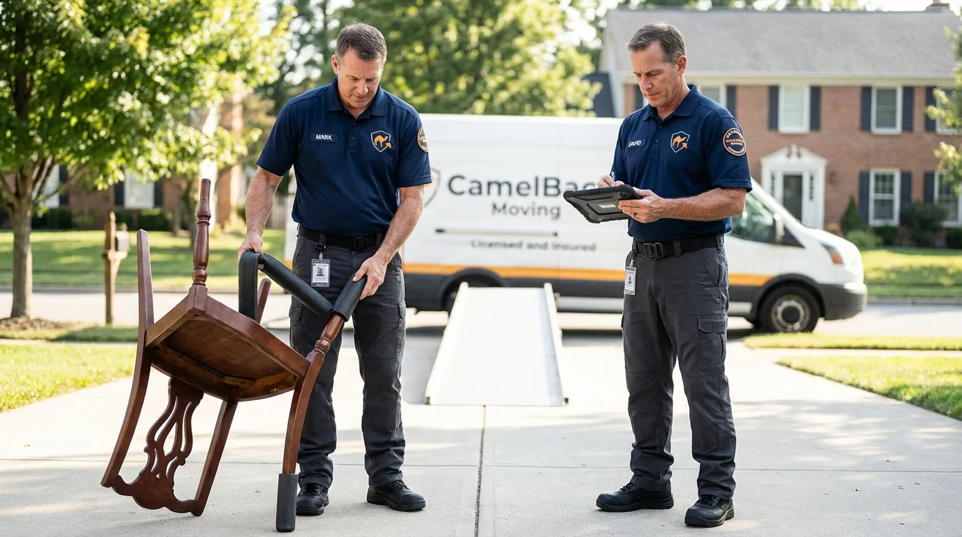 Movers inspecting furniture for damage prevention before loading in Tolland, CT