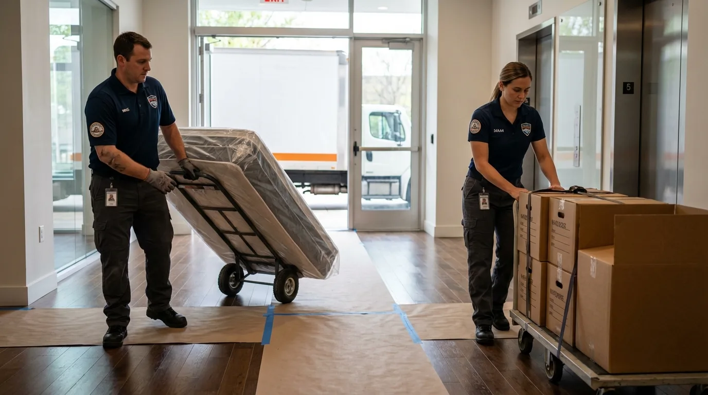 Professional apartment movers loading elevator in Tolland, CT